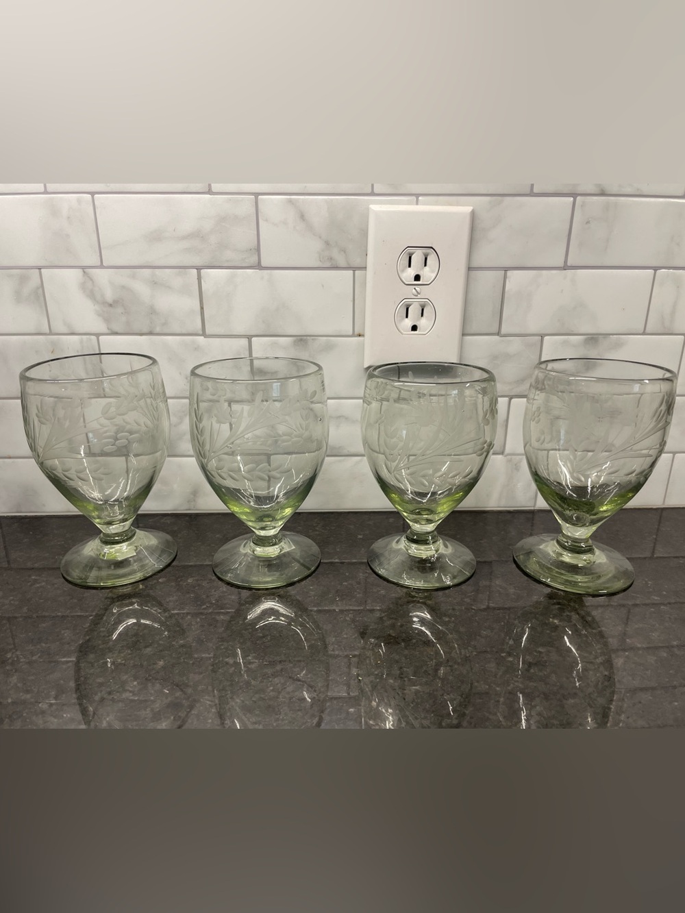 Pepita Etched Handblown Recycled Glass Water Goblet - Set of 4 Made in Mexico